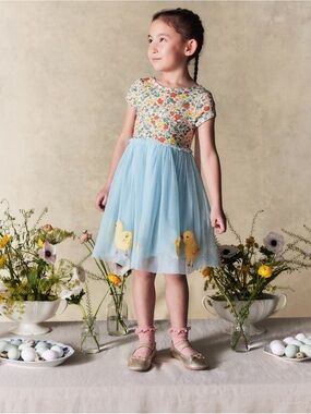 Mini Boden Blue Tulle Skirt Floral Top Dress with Yellow Chick Appliqués